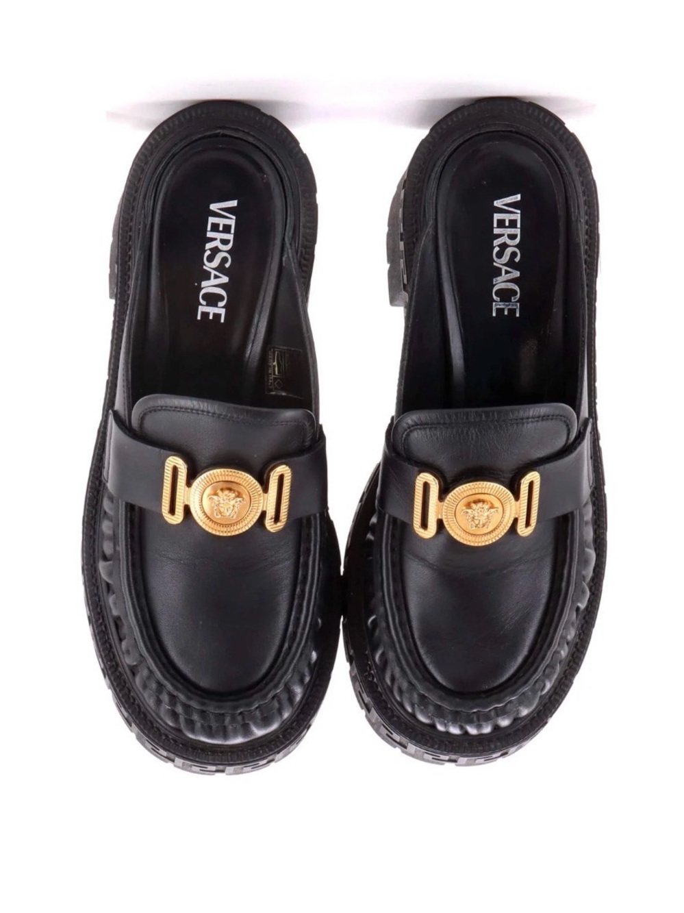 Versace Black Leather Medusa-Emblem Mules with Gold Hardware